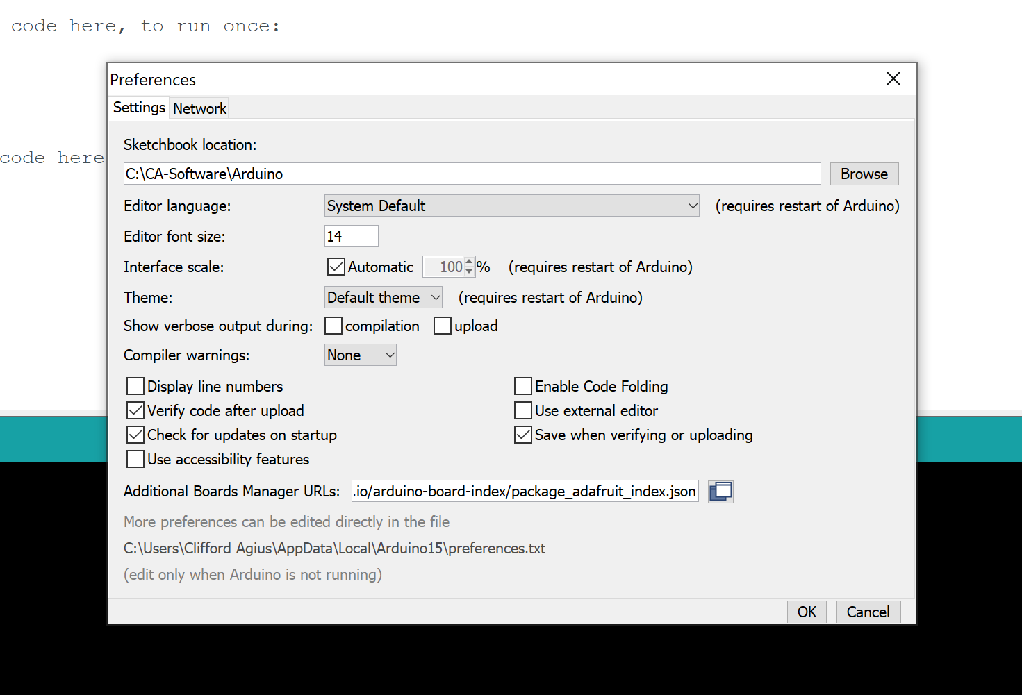 Arduino IDE Preferences window