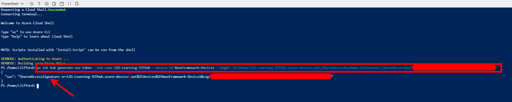 Command run and SAS Token is displayed