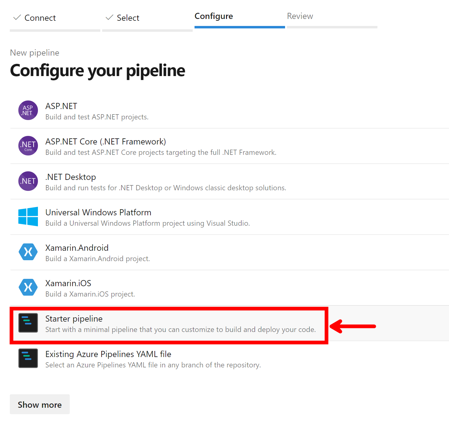 Configure the Pipeline by selecting the Starter