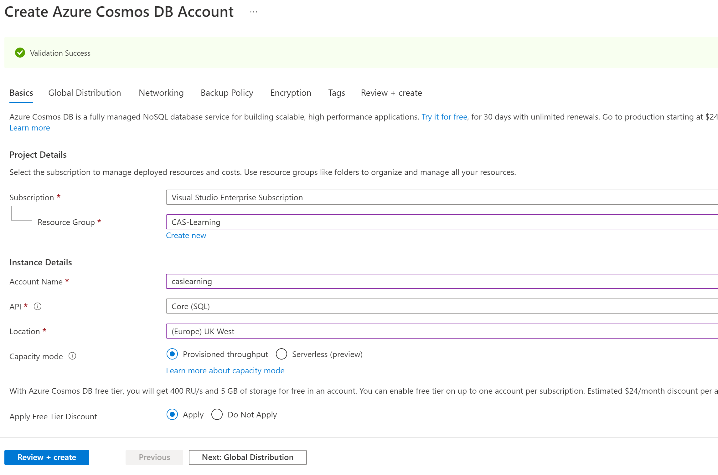 CosmosDB Creation