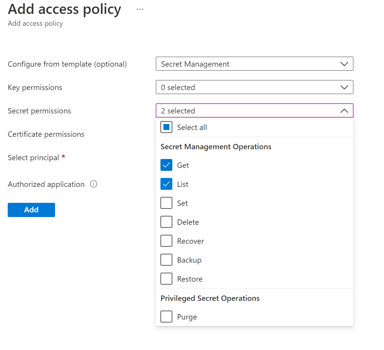 Access Policy set the Permissions