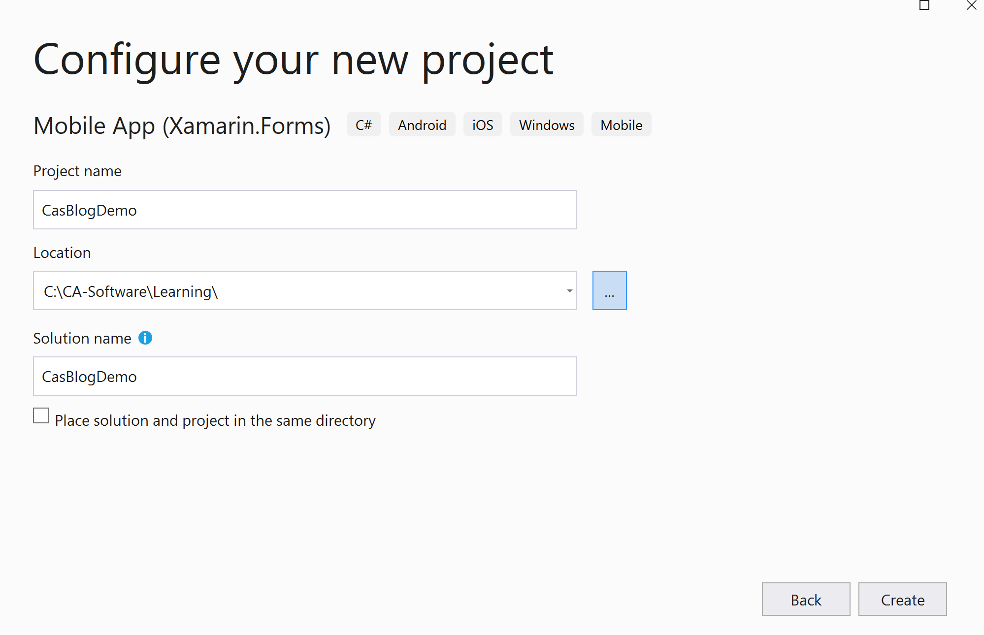 Visual Studio Create the Xamarin.Forms App