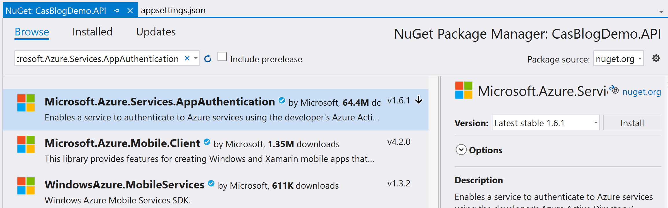 Add the NuGet to the WebAPI for the App Authentication