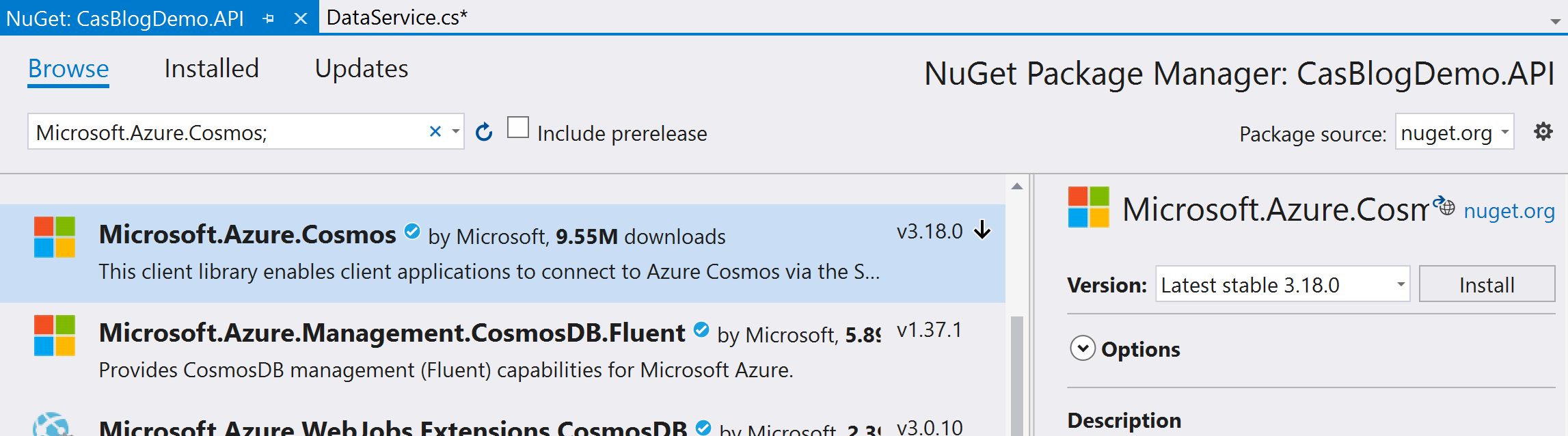 Adding the Microsoft.Azure.Cosmos