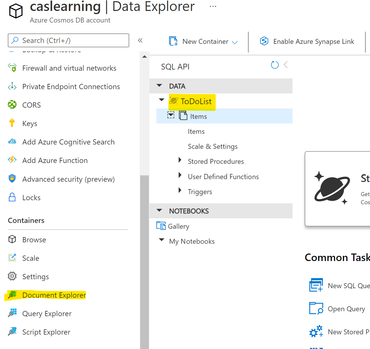 Default Container in CosmosDB is the Todo