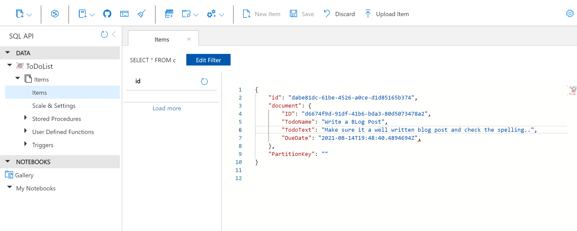 Add a To-do Item to the Cosmos Container for testing