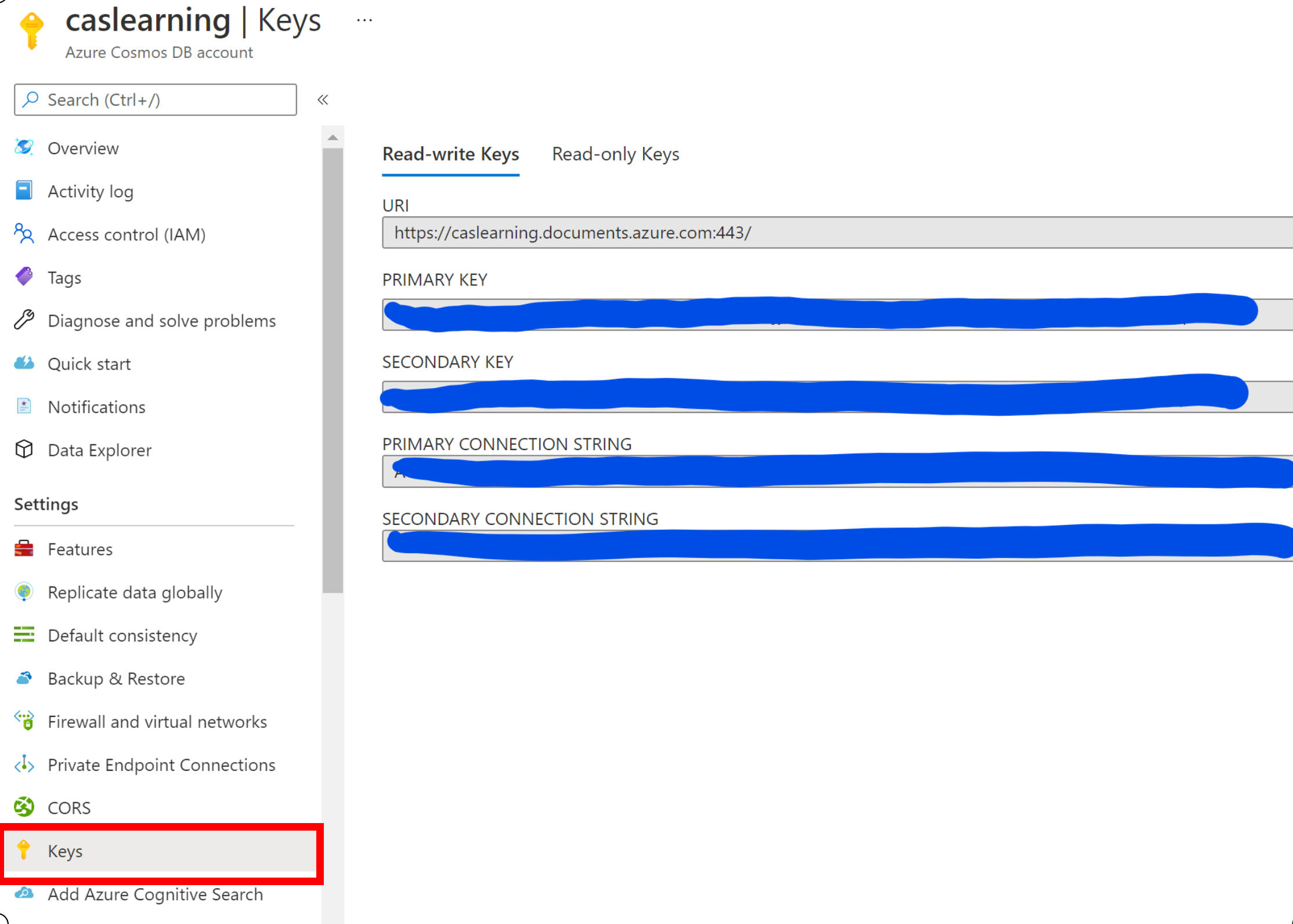 CosmosDB Copy the Keys